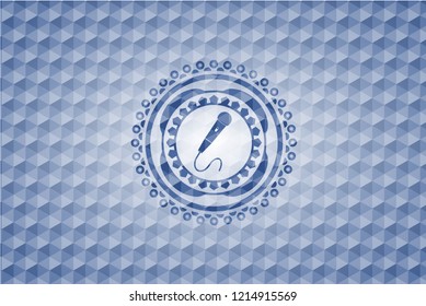 microphone icon inside blue emblem with geometric background.