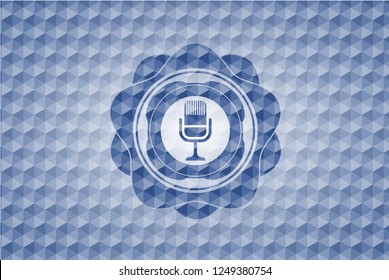 microphone icon inside blue emblem with geometric background.