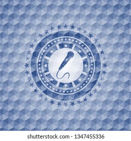 microphone icon inside blue emblem or badge with geometric pattern background.