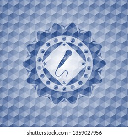 microphone icon inside blue emblem with geometric background.