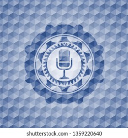 microphone icon inside blue emblem or badge with abstract geometric pattern background.