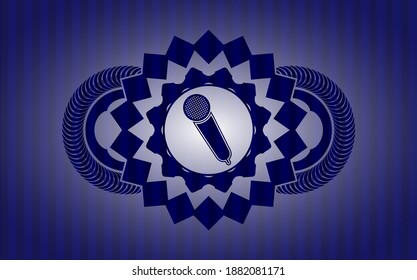 microphone icon inside Blue emblem. Bars fashionable background. Vector illustration. 
