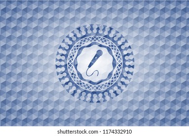 microphone icon inside blue hexagon emblem.