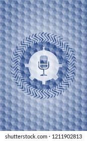 microphone icon inside blue hexagon badge.