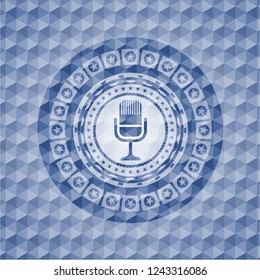microphone icon inside blue hexagon badge.