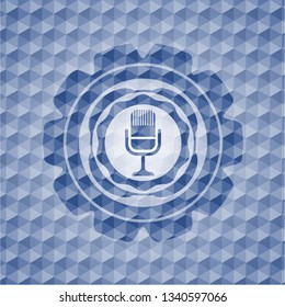 microphone icon inside blue hexagon badge.