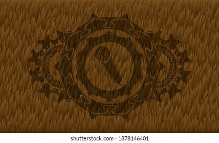 microphone icon inside Brown fur emblem. Animal handsome background. Illustration. 