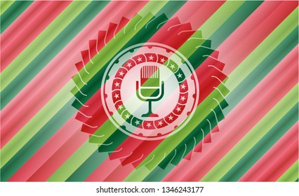 microphone icon inside christmas colors badge.