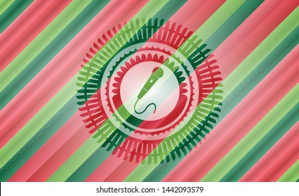microphone icon inside christmas colors style badge.