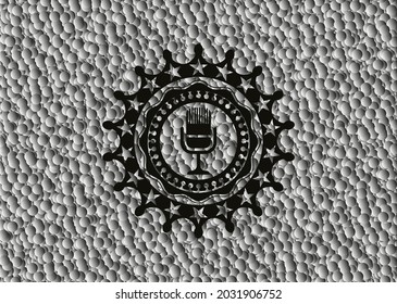 microphone icon inside dark emblem with grey bubbles background. Vector Illustration. Detailed. 