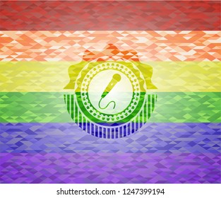 microphone icon inside emblem on mosaic background with the colors of the LGBT flag