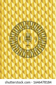 microphone icon inside gold emblem or badge. Scales pattern. Vector Illustration. Detailed.