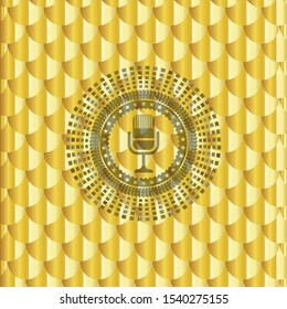microphone icon inside gold shiny badge. Scales pattern. Vector Illustration. Detailed.