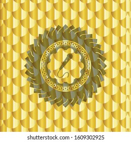 microphone icon inside golden badge or emblem. Scales pattern. Vector Illustration. Detailed.