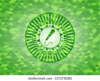 microphone icon inside green emblem with mosaic ecological style background