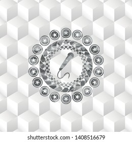 microphone icon inside grey badge with geometric cube white background