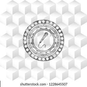 microphone icon inside grey emblem. Retro with geometric cube white background