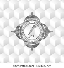 microphone icon inside grey emblem with cube white background