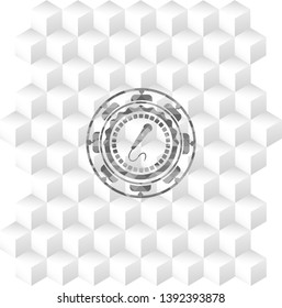 microphone icon inside grey emblem. Vintage with geometric cube white background