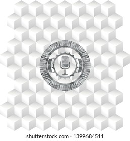 microphone icon inside grey emblem. Vintage with geometric cube white background