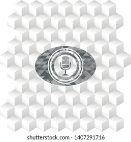 microphone icon inside grey emblem. Retro with geometric cube white background