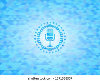 microphone icon inside light blue emblem with triangle mosaic background