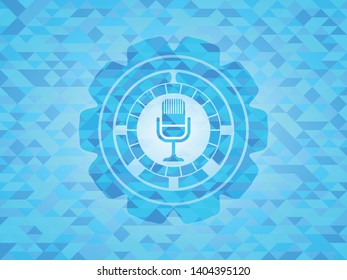 microphone icon inside light blue emblem with mosaic ecological style background