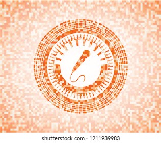 microphone icon inside orange mosaic emblem with background