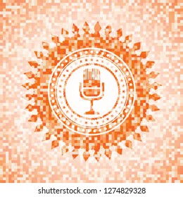 microphone icon inside orange mosaic emblem with background