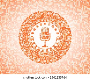 microphone icon inside orange mosaic emblem with background