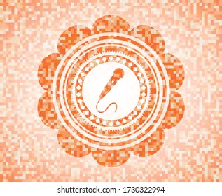 microphone icon inside orange mosaic emblem. 