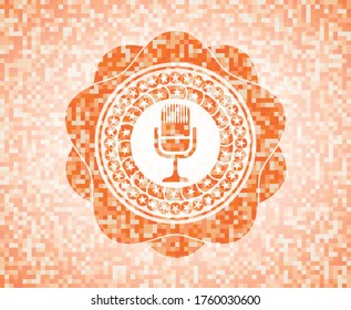 microphone icon inside orange mosaic emblem. 