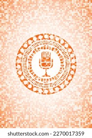 microphone icon inside orange mosaic emblem with background. 