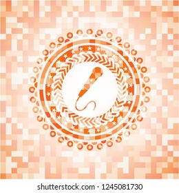 microphone icon inside orange tile background illustration. Square geometric mosaic seamless pattern with emblem inside.