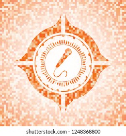 microphone icon inside orange tile background illustration. Square geometric mosaic seamless pattern with emblem inside.