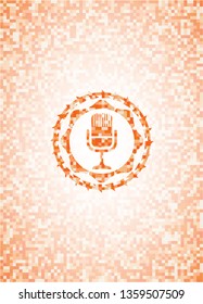 microphone icon inside orange tile background illustration. Square geometric mosaic seamless pattern with emblem inside.