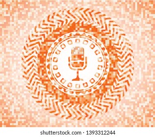 microphone icon inside orange tile background illustration. Square geometric mosaic seamless pattern with emblem inside.
