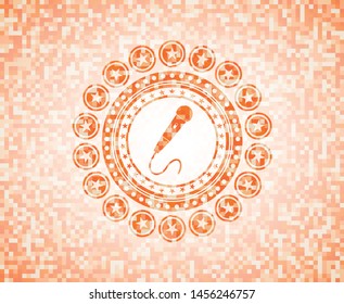 microphone icon inside orange tile background illustration. Square geometric mosaic seamless pattern with emblem inside.