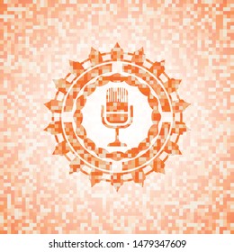 microphone icon inside orange tile background illustration. Square geometric mosaic seamless pattern with emblem inside.