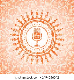 microphone icon inside orange tile background illustration. Square geometric mosaic seamless pattern with emblem inside.
