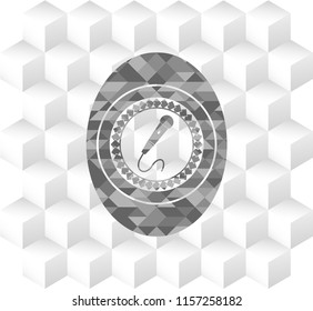 microphone icon inside realistic grey emblem with geometric cube white background