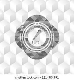 microphone icon inside realistic grey emblem with cube white background