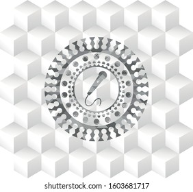 microphone icon inside realistic grey emblem with cube white background
