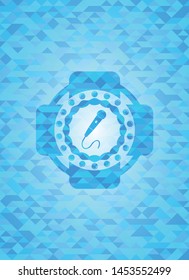 microphone icon inside realistic sky blue mosaic emblem