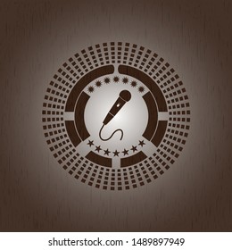 microphone icon inside realistic wooden emblem