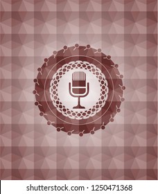 microphone icon inside red emblem or badge with abstract geometric pattern background. Seamless.