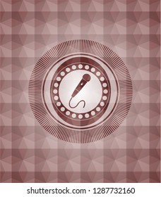 microphone icon inside red emblem or badge with abstract geometric polygonal pattern background. Seamless.