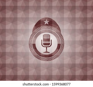 microphone icon inside red geometric pattern emblem. Seamless.