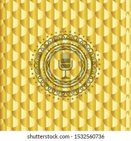 microphone icon inside shiny golden emblem. Scales pattern. Vector Illustration. Detailed.