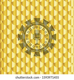 microphone icon inside shiny golden emblem. Scales pattern. Vector Illustration. Detailed.